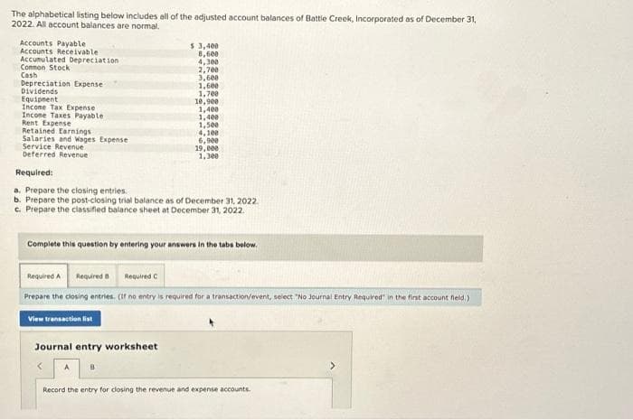 The alphabetical listing below includes all of the adjusted account balances of Battle Creek, Incorporated as of December 31,
2022. All account balances are normal.
Accounts Payable
Accounts Receivable
Accumulated Depreciation
Common Stock
Cash
Depreciation Expense
Dividends
Equipment
Income Tax Expense
Income Taxes Payable
Rent Expense
Retained Earnings:
Salaries and Wages Expense
Service Revenue
Deferred Revenue
$ 3,400
8,600
4,300
2,700
3,600
1,600
1,700
10,900
1,400
1,400
1,500
4,100
6,900
19,000
1,300
Required:
a. Prepare the closing entries.
b. Prepare the post-closing trial balance as of December 31, 2022.
c. Prepare the classified balance sheet at December 31, 2022.
Journal entry worksheet
Complete this question by entering your answers in the tabs below.
Required A Required B Required C
Prepare the closing entries. (If no entry is required for a transaction/event, select "No Journal Entry Required in the first account field.)
View transaction list
Record the entry for closing the revenue and expense accounts.