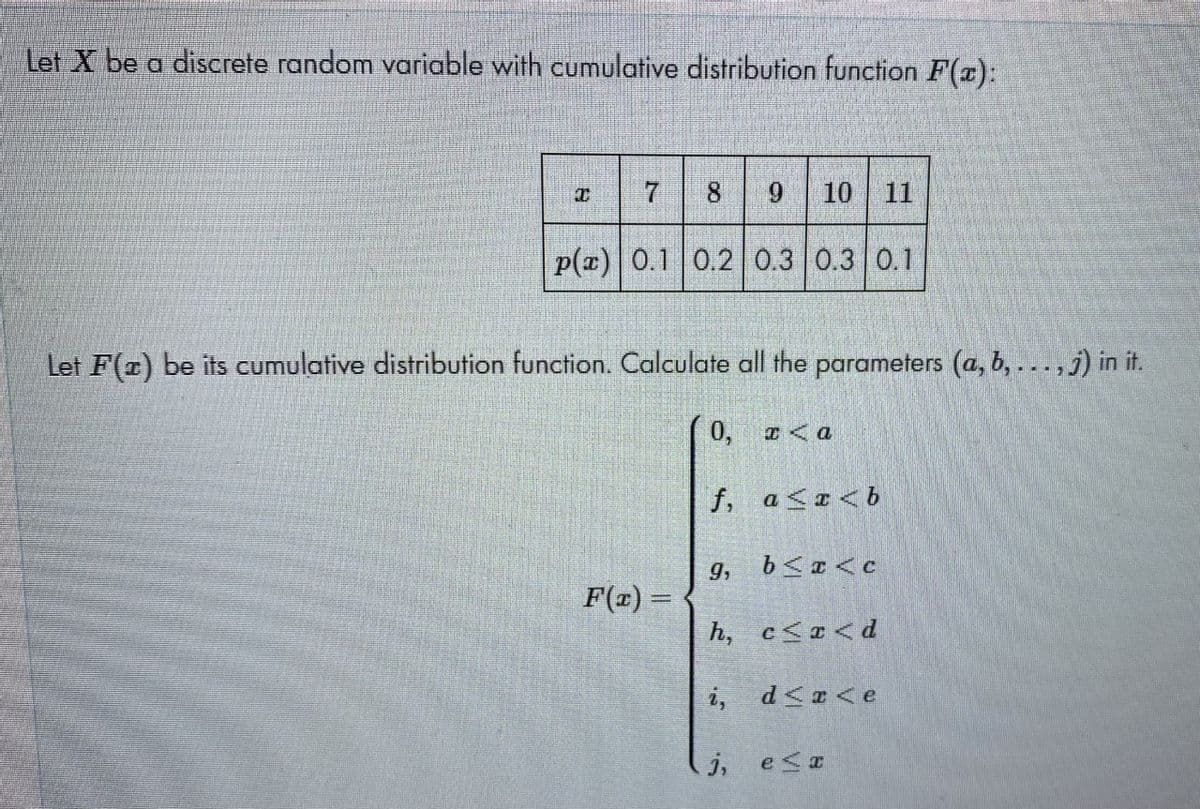 Let X be a discrete random variable with cumulative distribution function F(r):
D.
8
9
10 | 11
p(z)|0.1 0.2 0.3 0.3 0.1
Let F(z) be its cumulative distribution function. Calculate all the parameters (a, b, ...,j) in it.
0,
f, a<x<b
9,
b<x<c
F(x) =
h, c<r<d
i, d<a <e
j, e<a
7,
