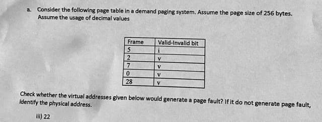 Consider the following page table in a demand paging system. Assume the page size of 256 bytes.
Assume the usage of decimal values
a.
Frame
Valid-Invalid bit
V
7
V
V
28
V
Check whether the virtual addresses given below would generate a page fault? If it do not generate page fault,
identify the physical address.
i) 22
