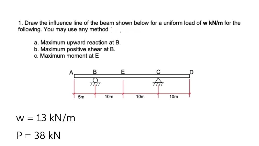 1. Draw the influence line of the beam shown below for a uniform load of w kN/m for the
following. You may use any method
a. Maximum upward reaction at B.
b. Maximum positive shear at B.
c. Maximum moment at E
А
В
E
for
5m
10m
10m
10m
w = 13 kN/m
P = 38 kN
