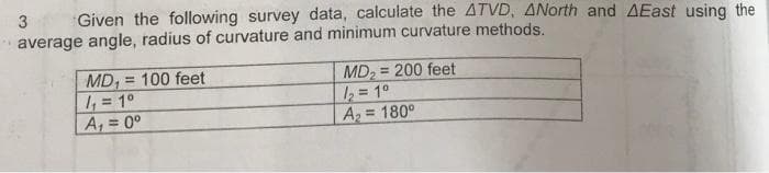 3
Given the following survey data, calculate the ATVD, ANorth and AEast using the
average angle, radius of curvature and minimum curvature methods.
MD,= 100 feet
MD₂= 200 feet
1₁ = 1⁰
1₂ = 1⁰
A₁ = 0°
A₂ = 180°