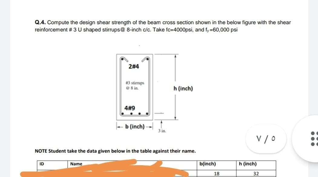 Q.4. Compute the design shear strength of the beam cross section shown in the below figure with the shear
reinforcement #3 U shaped stirrups@ 8-inch c/c. Take fc-4000psi, and fy=60,000 psi
2#4
#3 stirrups
@8 in.
h (inch)
4#9
b (inch)
3 in.
V / 0
NOTE Student take the data given below in the table against their name.
ID
Name
b(inch)
18
h (inch)
32