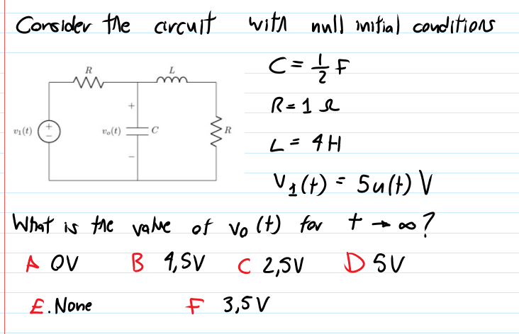 Consider the circuit with null imitial conditions
R=1 l
v1 (t)
vo(t)
L=4H
Va(t) = Sult) V
What is the vale of vo (t) for to∞?
B 9,SV
A OV
C 2,5V
D sV
£. None
f 3,5 V
