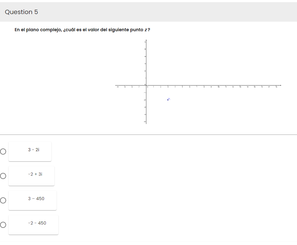 Question 5
En el plano complejo, ¿cuál es el valor del siguiente punto z?
3 - 2i
-2 + 3i
3 - 450
-2-450
14
is
e