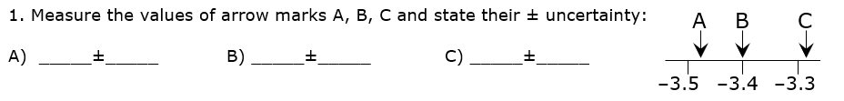 1. Measure the values of arrow marks A, B, C and state their + uncertainty:
А В
A
A) +
B) +
C) +
-3.5 -3.4 -3.3
