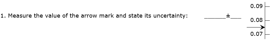 0.09
1. Measure the value of the arrow mark and state its uncertainty:
0.08
0.07
