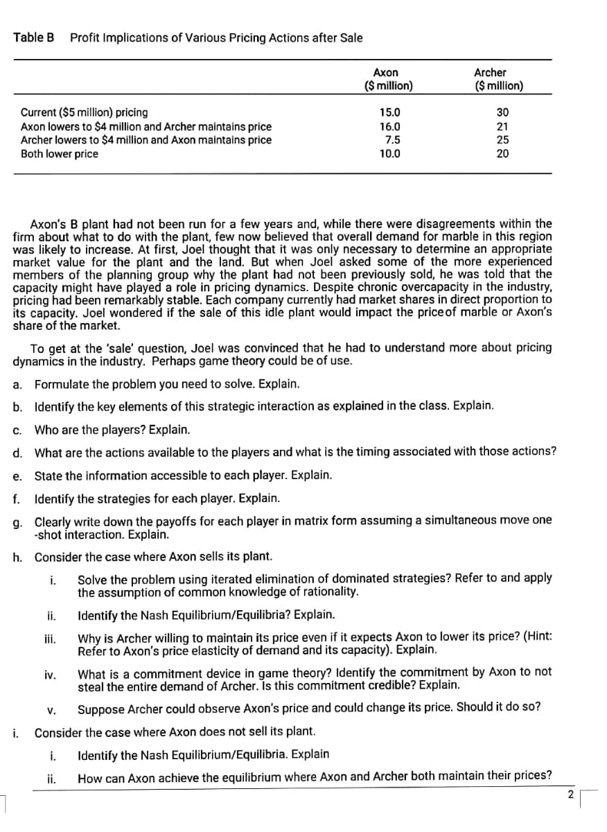 Table B Profit Implications of Various Pricing Actions after Sale
Archer
Axon
($ million)
($ million)
Current ($5 million) pricing
15.0
30
16.0
21
Axon lowers to $4 million and Archer maintains price
Archer lowers to $4 million and Axon maintains price
Both lower price
7.5
25
10.0
20
Axon's B plant had not been run for a few years and, while there were disagreements within the
firm about what to do with the plant, few now believed that overall demand for marble in this region
was likely to increase. At first, Joel thought that it was only necessary to determine an appropriate
market value for the plant and the land. But when Joel asked some of the more experienced
members of the planning group why the plant had not been previously sold, he was told that the
capacity might have played a role in pricing dynamics. Despite chronic overcapacity in the industry,
pricing had been remarkably stable. Each company currently had market shares in direct proportion to
its capacity. Joel wondered if the sale of this idle plant would impact the price of marble or Axon's
share of the market.
To get at the 'sale' question, Joel was convinced that he had to understand more about pricing
dynamics in the industry. Perhaps game theory could be of use.
a. Formulate the problem you need to solve. Explain.
b. Identify the key elements of this strategic interaction as explained in the class. Explain.
c. Who are the players? Explain.
d. What are the actions available to the players and what is the timing associated with those actions?
State the information accessible to each player. Explain.
e.
f. Identify the strategies for each player. Explain.
g. Clearly write down the payoffs for each player in matrix form assuming a simultaneous move one
-shot interaction. Explain.
h. Consider the case where Axon sells its plant.
i.
Solve the problem using iterated elimination of dominated strategies? Refer to and apply
the assumption of common knowledge of rationality.
ii.
Identify the Nash Equilibrium/Equilibria? Explain.
Why is Archer willing to maintain its price even if it expects Axon to lower its price? (Hint:
Refer to Axon's price elasticity of demand and its capacity). Explain.
iv.
What is a commitment device in game theory? Identify the commitment by Axon to not
steal the entire demand of Archer. Is this commitment credible? Explain.
V.
Suppose Archer could observe Axon's price and could change its price. Should it do so?
Consider the case where Axon does not sell its plant.
i.
i.
Identify the Nash Equilibrium/Equilibria. Explain
ii.
How can Axon achieve the equilibrium where Axon and Archer both maintain their prices?
2