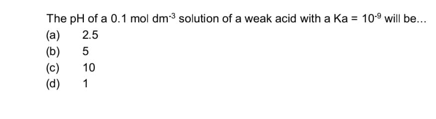 The pH of a 0.1 mol dm³ solution of a weak acid with a Ka = 10.⁹ will be...
(a)
2.5
(b)
5
(c)
10
(d)
1