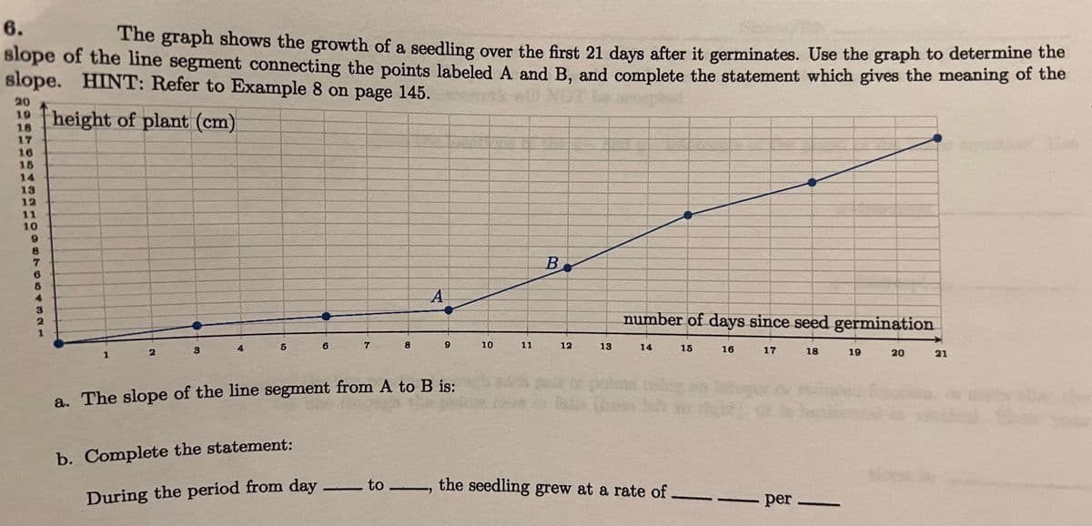 The graph shows the growth of a seedling over the first 21 days after it germinates. Use the graph to determine the slope of the line segment connecting the points labeled A and B, and complete the statement which gives the meaning of the slope.

**Graph Explanation:**
- The x-axis represents the "number of days since seed germination," ranging from 0 to 21 days.
- The y-axis represents the "height of plant (cm)," ranging from 0 to 20 cm.
- The graph shows data points plotted to demonstrate plant growth over time. It includes a series of connected line segments.
- There are specific points labeled A and B on the graph.
  - Point A is located at approximately (9 days, 3 cm).
  - Point B is located at approximately (15 days, 9 cm).

**Task:**
a. The slope of the line segment from A to B is:

b. Complete the statement:
- During the period from day ___ to ___, the seedling grew at a rate of ___ per ___.