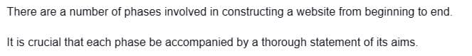 There are a number of phases involved in constructing a website from beginning to end.
It is crucial that each phase be accompanied by a thorough statement of its aims.