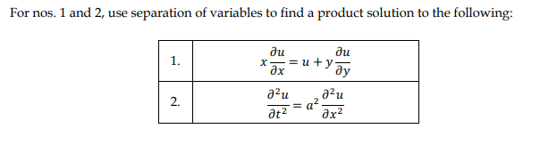 For nos. 1 and 2, use separation of variables to find a product solution to the following:
ди
ди
1.
x=u+yay
a²u
J²u
2.
=a².
at²
əx²