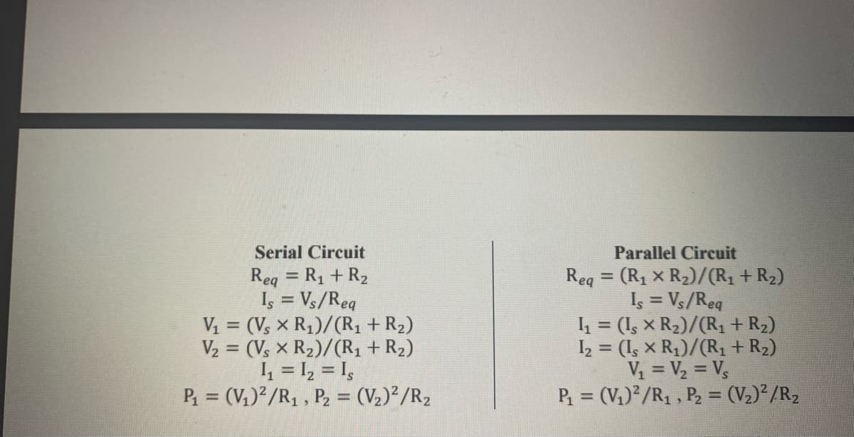 Serial Circuit
Parallel Circuit
Reg = R1 + R2
Iş = Vs/Req
V = (Vs × R1)/(R, + R2)
V2 = (V, x R2)/(R1 + R2)
I, = I, = I,
P, = (V,)²/R1 , P2 = (V2)²/R2
Reg = (R1 × R2)/(R1 +R2)
Is = Vs/Req
4 = (I, × R2)/(R, + R2)
I2 = (Is × R1)/(R, + R2)
V = V2 = V,
P = (V)²/R1 , P2 = (V2)²/R2
%3D
%3D
%3D
