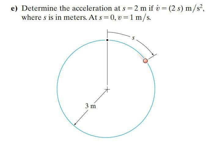 e) Determine the acceleration at s = 2 m if v = (2 s) m/s²,
where s is in meters. At s =0, v = 1 m/s.
3 m
