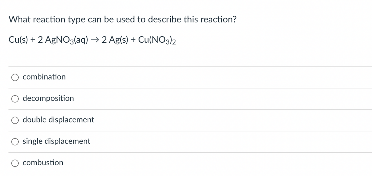 What reaction type can be used to describe this reaction?
Cu(s) + 2 AgNO3(aq) → 2 Ag(s) + Cu(NO3)2
combination
decomposition
double displacement
single displacement
combustion
