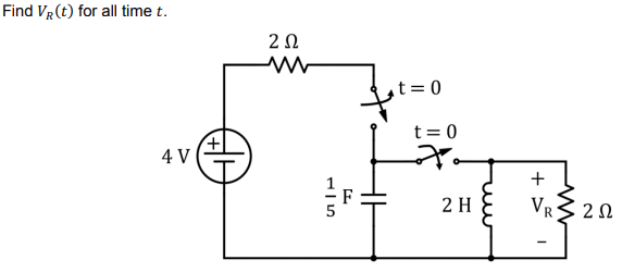 Find Ve(t) for all time t.
4 V
20
ww
ㅏ
at = 0
t = 0
2H
+ M
VR 20