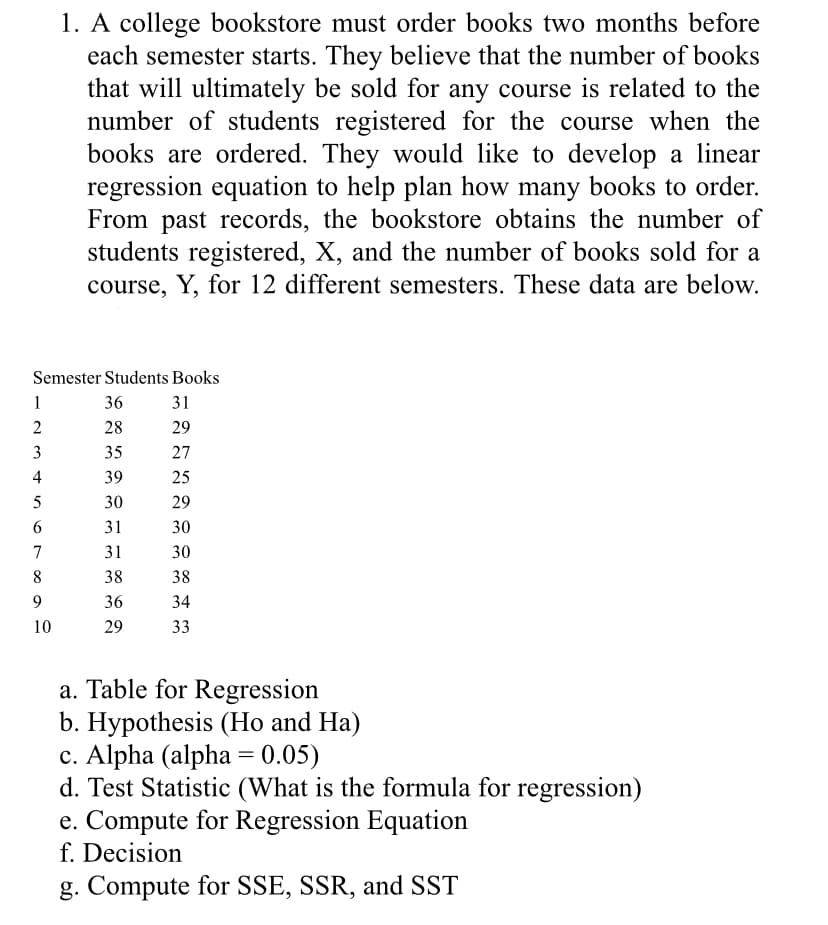 1. A college bookstore must order books two months before
each semester starts. They believe that the number of books
that will ultimately be sold for any course is related to the
number of students registered for the course when the
books are ordered. They would like to develop a linear
regression equation to help plan how many books to order.
From past records, the bookstore obtains the number of
students registered, X, and the number of books sold for a
course, Y, for 12 different semesters. These data are below.
Semester Students Books
1
36
31
2
28
29
3
35
27
39
25
30
29
31
30
31
30
38
38
36
34
29
33
a. Table for Regression
b. Hypothesis (Ho and Ha)
c. Alpha (alpha = 0.05)
d. Test Statistic (What is the formula for regression)
e. Compute for Regression Equation
f. Decision
g. Compute for SSE, SSR, and SST
1456769
8
10