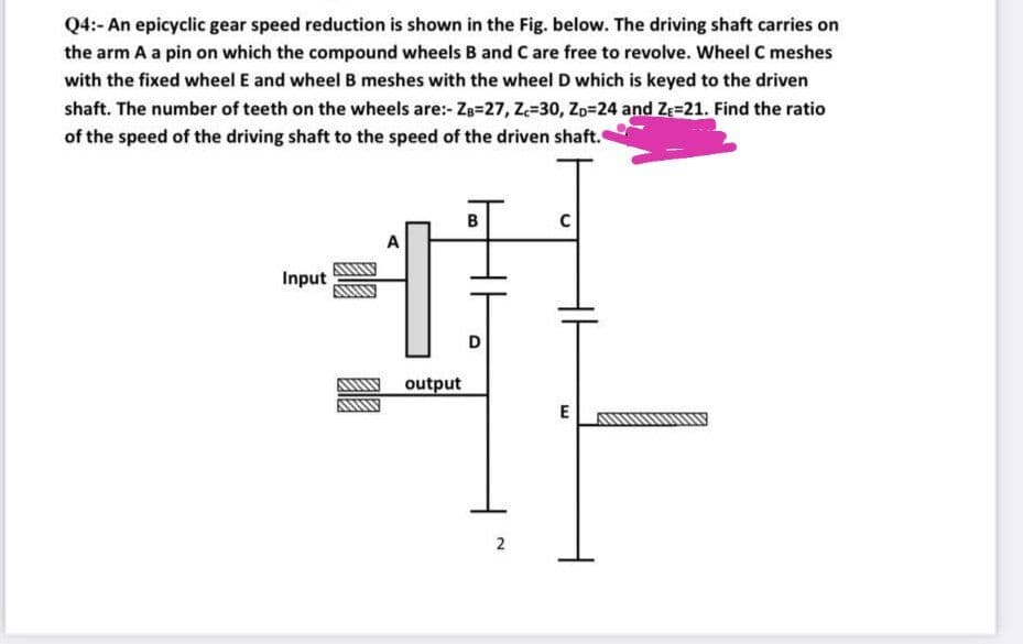 Q4:- An epicyclic gear speed reduction is shown in the Fig. below. The driving shaft carries on
the arm A a pin on which the compound wheels B and C are free to revolve. Wheel C meshes
with the fixed wheel E and wheel B meshes with the wheel D which is keyed to the driven
shaft. The number of teeth on the wheels are:- Zg=27, Z=30, ZD=24 and ZE=21. Find the ratio
of the speed of the driving shaft to the speed of the driven shaft.
B
A
Input
D
output
2
