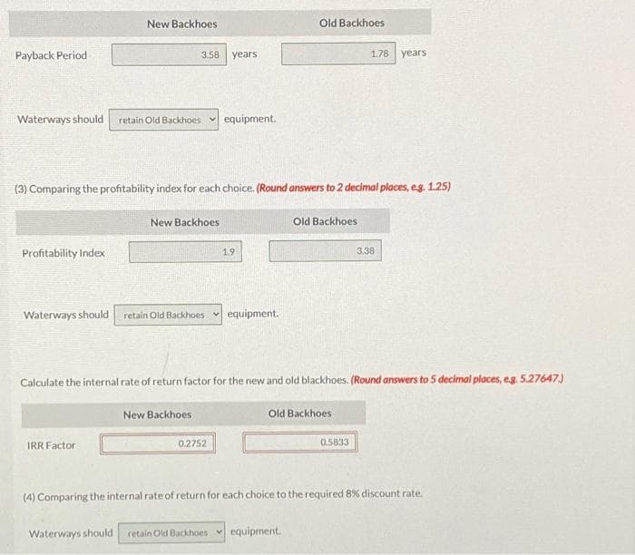 Payback Period
Waterways should retain Old Backhoes equipment.
Profitability Index
New Backhoes
3.58 years
(3) Comparing the profitability index for each choice. (Round answers to 2 decimal places, eg. 1.25)
IRR Factor
New Backhoes
Waterways should retain Old Backhoes equipment.
Waterways should
New Backhoes
1.9
0.2752
Old Backhoes
Calculate the internal rate of return factor for the new and old blackhoes. (Round answers to 5 decimal places, e.g. 5.27647.)
Old Backhoes
Old Backhoes
retain Old Backhoes equipment.
1.78 years
0.5833
3,38
(4) Comparing the internal rate of return for each choice to the required 8% discount rate.
