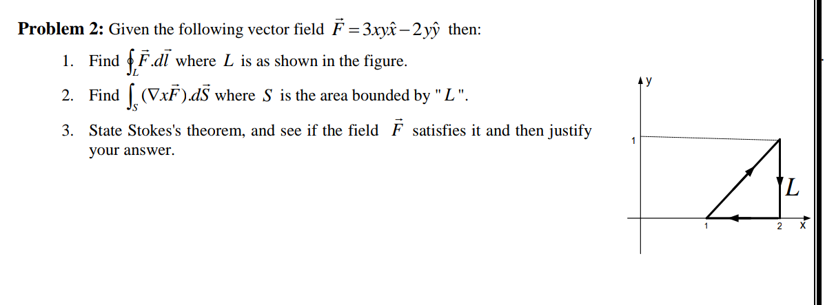 Problem 2: Given the following vector field F = 3xyx– 2 yŷ then:
1. Find F.dl where L is as shown in the figure.
y
2. Find (VxF).dS where S is the area bounded by "L".
3. State Stokes's theorem, and see if the field F satisfies it and then justify
your answer.
L
