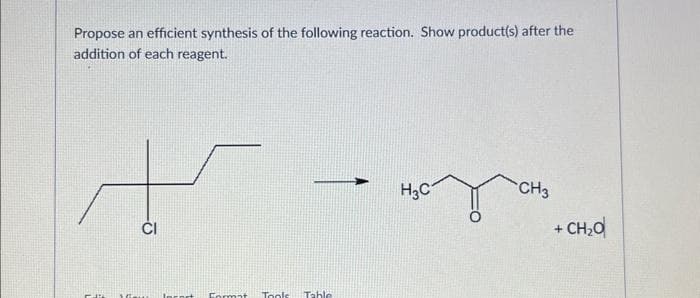 Propose an efficient synthesis of the following reaction. Show product(s) after the
addition of each reagent.
+
CI
M
View locort Format Tools
Table
CH3
yo
H3C₁
+ CH,d