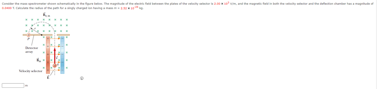 Consider the mass spectrometer shown schematically in the figure below. The magnitude of the electric field between the plates of the velocity selector is 2.00 x 10³ V/m, and the magnetic field in both the velocity selector and the deflection chamber has a magnitude of
0.0400 T. Calculate the radius of the path for a singly charged ion having a mass m = 2.52 x 10-26 kg.
X
*
x
P
X x x
* x X
*
*
Detector
array
Bo, in
Bin
Velocity selector
*
x
*
x
20
x
+
+
E
X
x
X
x
X
1200
7
9
* X
x
X
x
X
*
x
X
X