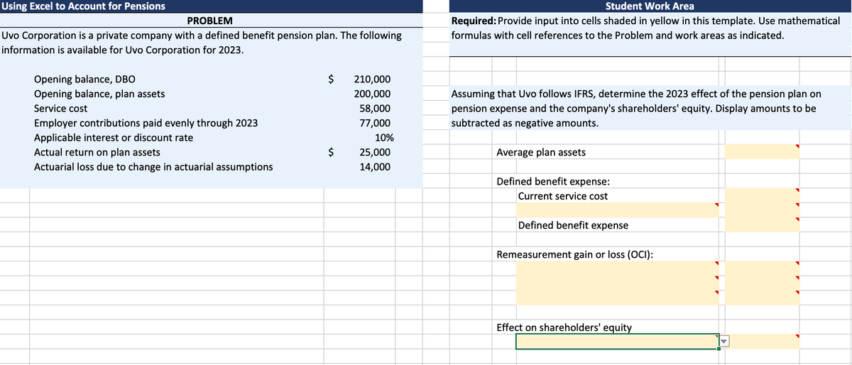 Using Excel to Account for Pensions
PROBLEM
Uvo Corporation is a private company with a defined benefit pension plan. The following
information is available for Uvo Corporation for 2023.
Opening balance, DBO
Student Work Area
Required: Provide input into cells shaded in yellow in this template. Use mathematical
formulas with cell references to the Problem and work areas as indicated.
$
210,000
Opening balance, plan assets
200,000
Service cost
58,000
Employer contributions paid evenly through 2023
77,000
Applicable interest or discount rate
10%
Actual return on plan assets
$
25,000
Actuarial loss due to change in actuarial assumptions
14,000
Assuming that Uvo follows IFRS, determine the 2023 effect of the pension plan on
pension expense and the company's shareholders' equity. Display amounts to be
subtracted as negative amounts.
Average plan assets
Defined benefit expense:
Current service cost
Defined benefit expense
Remeasurement gain or loss (OCI):
་
Effect on shareholders' equity