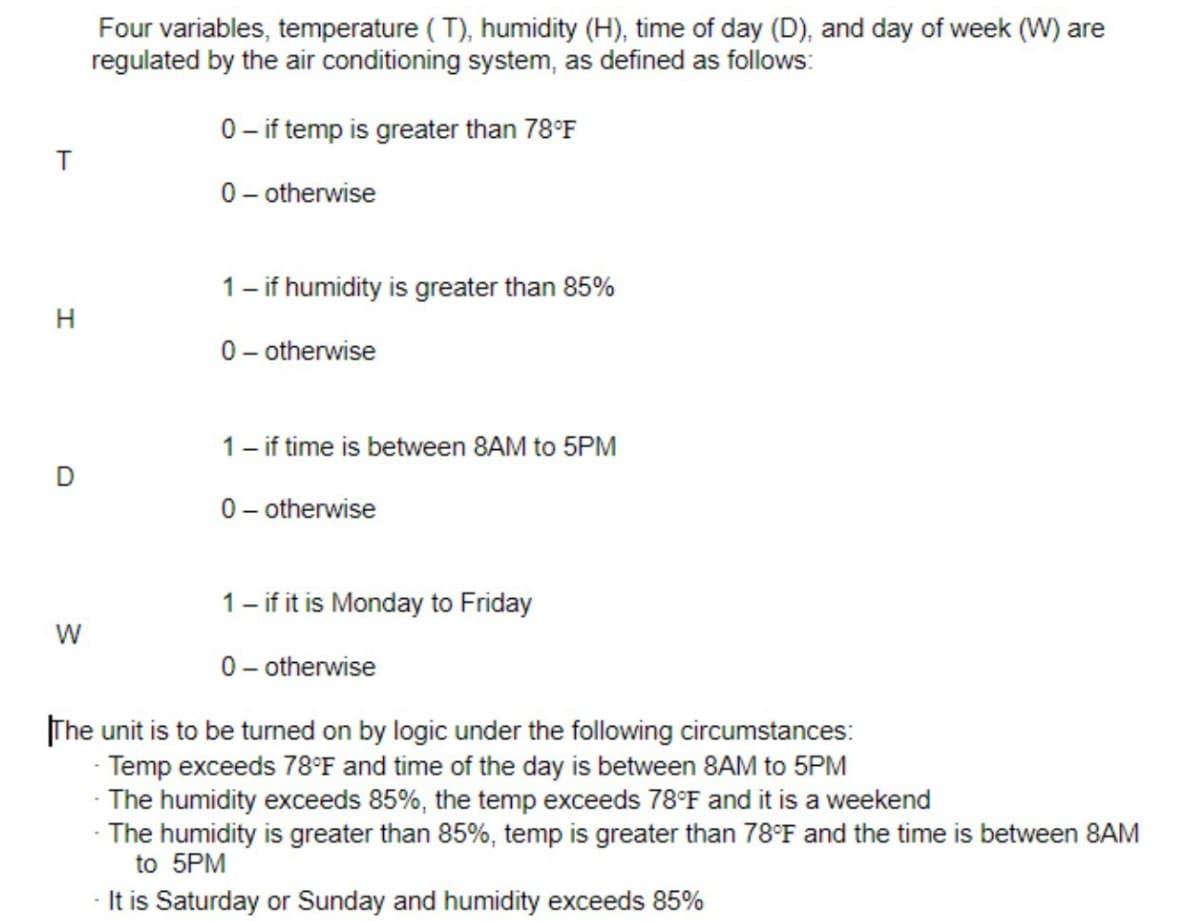 Four variables, temperature ( T), humidity (H), time of day (D), and day of week (W) are
regulated by the air conditioning system, as defined as follows:
0-if temp is greater than 78°F
T
0- otherwise
1- if humidity is greater than 85%
H
0 - otherwise
1- if time is between 8AM to 5PM
0 - otherwise
1- if it is Monday to Friday
0 - otherwise
|The unit is to be turned on by logic under the following circumstances:
- Temp exceeds 78°F and time of the day is between 8AM to 5PM
· The humidity exceeds 85%, the temp exceeds 78°F and it is a weekend
- The humidity is greater than 85%, temp is greater than 78°F and the time is between 8AM
to 5PM
It is Saturday or Sunday and humidity exceeds 85%
