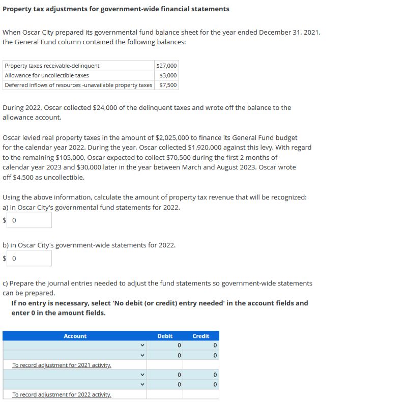 Property tax adjustments for government-wide financial statements
When Oscar City prepared its governmental fund balance sheet for the year ended December 31, 2021,
the General Fund column contained the following balances:
Property taxes receivable-delinquent
$27,000
Allowance for uncollectible taxes
$3,000
Deferred inflows of resources -unavailable property taxes $7,500
During 2022, Oscar collected $24,000 of the delinquent taxes and wrote off the balance to the
allowance account.
Oscar levied real property taxes in the amount of $2,025,000 to finance its General Fund budget
for the calendar year 2022. During the year, Oscar collected $1,920,000 against this levy. With regard
to the remaining $105,000, Oscar expected to collect $70,500 during the first 2 months of
calendar year 2023 and $30,000 later in the year between March and August 2023. Oscar wrote
off $4,500 as uncollectible.
Using the above information, calculate the amount of property tax revenue that will be recognized:
a) in Oscar City's governmental fund statements for 2022.
$ 0
b) in Oscar City's government-wide statements for 2022.
$ 0
c) Prepare the journal entries needed to adjust the fund statements so government-wide statements
can be prepared.
If no entry is necessary, select 'No debit (or credit) entry needed' in the account fields and
enter 0 in the amount fields.
Account
Debit
Credit
To record adjustment for 2021 activity.
To record adjustment for 2022 activity.
