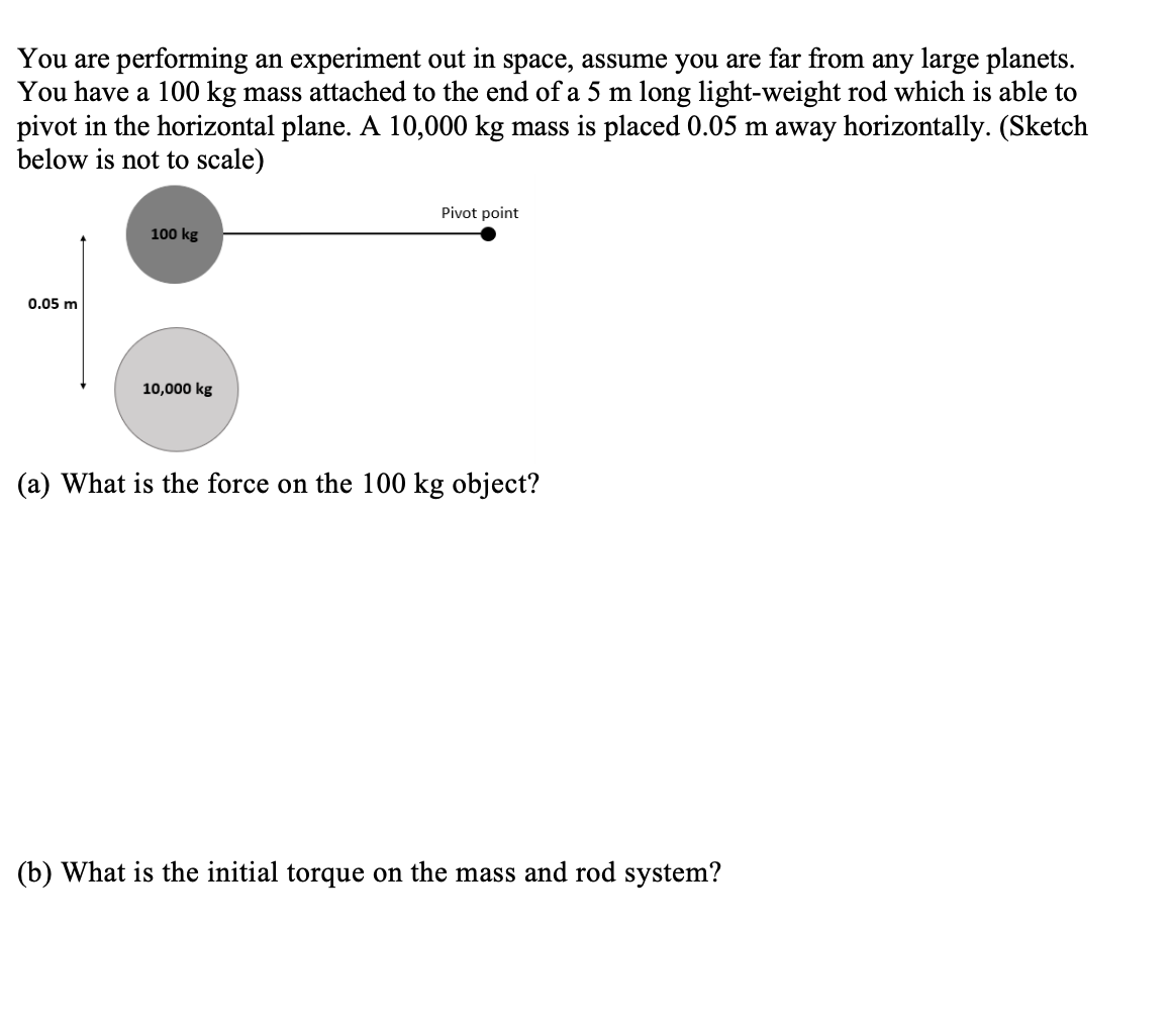 You are performing an experiment out in space, assume you are far from any large planets.
You have a 100 kg mass attached to the end of a 5 m long light-weight rod which is able to
pivot in the horizontal plane. A 10,000 kg mass is placed 0.05 m away horizontally. (Sketch
below is not to scale)
Pivot point
100 kg
0.05 m
10,000 kg
(a) What is the force on the 100 kg object?
(b) What is the initial torque on the mass and rod system?
