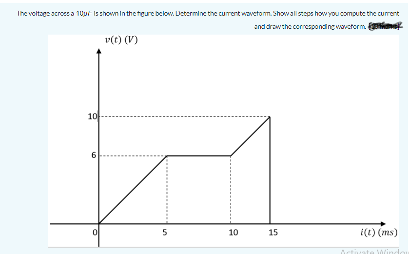 The voltage across a 10pF is shown in the figure below. Determine the current waveform. Show all steps how you compute the current
and draw the corresponding waveform.
v(t) (V)
10
6
5
10
15
i(t) (ms)
Activate Windo
