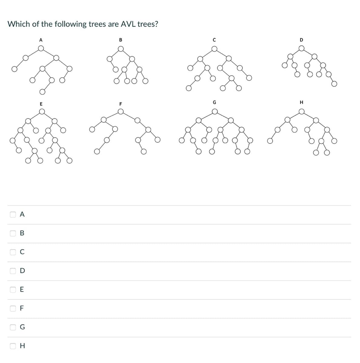 Which of the following trees are AVL trees?
000
0000
A
B
C
D
E
G
H
A
B
F
D
H