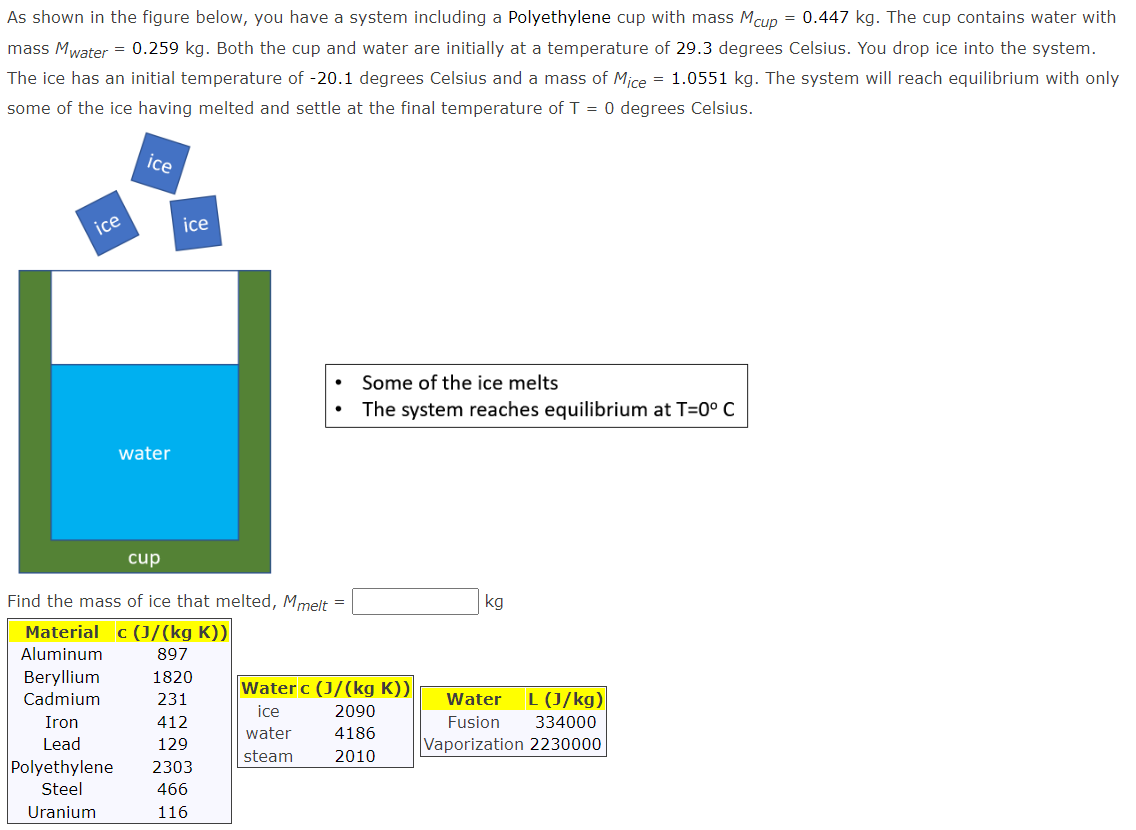 As shown in the figure below, you have a system including a Polyethylene cup with mass Mcup = 0.447 kg. The cup contains water with
mass Mwater = 0.259 kg. Both the cup and water are initially at a temperature of 29.3 degrees Celsius. You drop ice into the system.
The ice has an initial temperature of -20.1 degrees Celsius and a mass of Mice = 1.0551 kg. The system will reach equilibrium with only
some of the ice having melted and settle at the final temperature of T = 0 degrees Celsius.
ice
Beryllium
Cadmium
Iron
Lead
ice
water
cup
ice
Find the mass of ice that melted, Mmelt =
Material c (J/(kg K))
Aluminum
897
1820
231
412
129
Polyethylene 2303
Steel
466
Uranium
116
●
Some of the ice melts
The system reaches equilibrium at T=0° C
Water c (J/(kg K))
ice
2090
water
4186
steam
2010
kg
Water
L (J/kg)
334000
Fusion
Vaporization 2230000