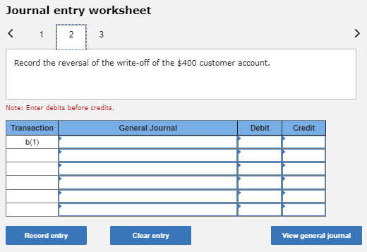 Journal entry worksheet
1 2 3
<
Record the reversal of the write-off of the $400 customer account.
Note: Enter debits before credits.
Transaction
b(1)
Record entry
General Journal
Clear entry
Debit
Credit
View general journal
>