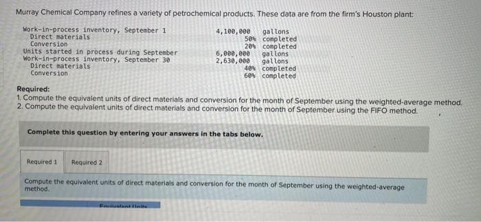 Murray Chemical Company refines a variety of petrochemical products. These data are from the firm's Houston plant:
Work-in-process inventory, September 1
4,100,000
Direct materials
Conversion.
gallons
50% completed
20% completed
gallons.
gallons
6,000,000
Units started in process during September
Work-in-process inventory, September 30
Direct materials
2,630,000
Conversion
40% completed
completed
60%
Required:
1. Compute the equivalent units of direct materials and conversion for the month of September using the weighted-average method.
2. Compute the equivalent units of direct materials and conversion for the month of September using the FIFO method.
Complete this question by entering your answers in the tabs below.
Required 1 Required 2
Compute the equivalent units of direct materials and conversion for the month of September using the weighted-average
method.
Eiuslant nite