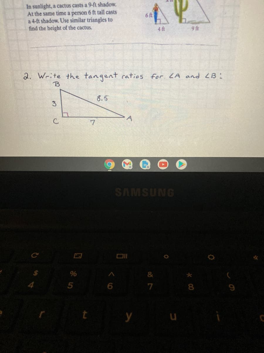 In sunlight, a cactus casts a 9-ft shadow.
At the same time a person 6 ft tall casts
a 4-ft shadow. Use similar triangles to
find the height of the cactus.
6 ft
4 ft
9 ft
2. Write the tangent ratios for LA and LB :
B
8.5
A
SAMSUNG
%
&
7
8
y
3.
