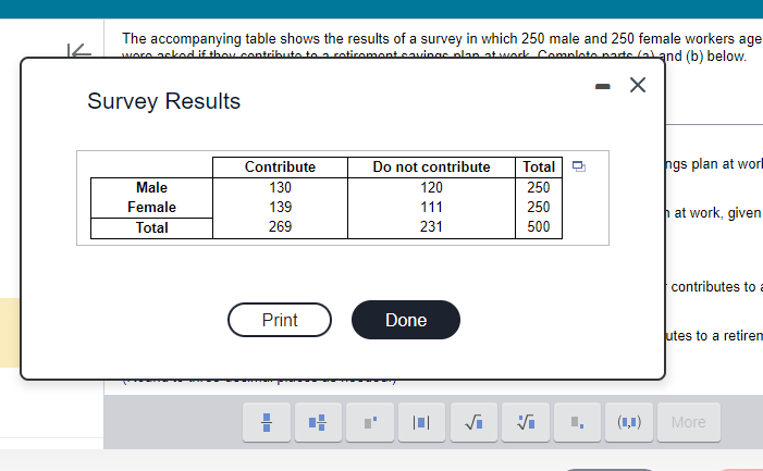 The accompanying table shows the results of a survey in which 250 male and 250 female workers age
were asked if they contribute to a retirement cavings plan at work. Complete parte al and (b) below.
X
Survey Results
12
Male
Female
Total
Contribute
130
139
269
Print
☐☐
+
4
Do not contribute
120
111
231
Done
Total
250
250
500
√i Vi I.
(1,-)
ngs plan at work
hat work, given
contributes to a
utes to a retirem
More