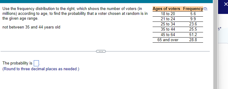 Use the frequency distribution to the right, which shows the number of voters (in
millions) according to age, to find the probability that a voter chosen at random is in
the given age range.
not between 35 and 44 years old
The probability is
(Round to three decimal places as needed.)
Ages of voters
18 to 20
21 to 24
25 to 34
35 to 44
45 to 64
65 and over
Frequency
5.6
9.9
23.6
25.5
51.2
28.8
*
X