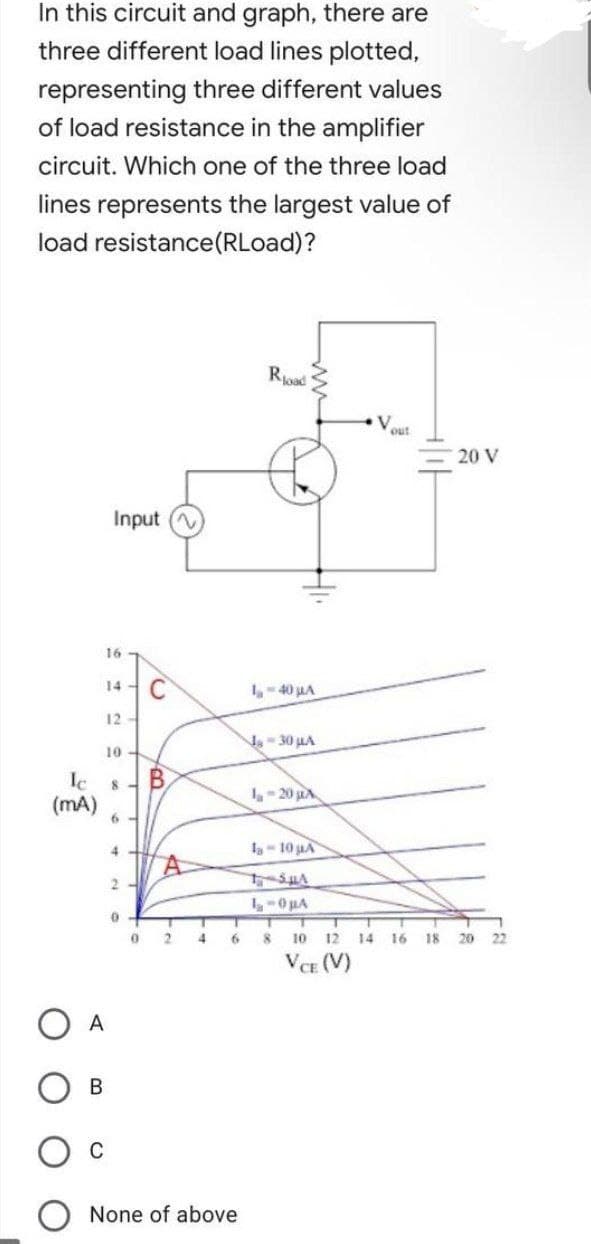 In this circuit and graph, there are
three different load lines plotted,
representing three different values
of load resistance in the amplifier
circuit. Which one of the three load
lines represents the largest value of
load resistance(RLoad)?
Road
V
out
Input
Ic
(mA)
16
14 C
12
10
8
6
4
2-
0
0
B
2
T
4
1-40 μA
-30 µA
la-20 A
la-10 µA
SμA
L-0μA
10
VCE (V)
T T
6 8
O A
B
C
None of above
12 14 16
18
20 V
20
22