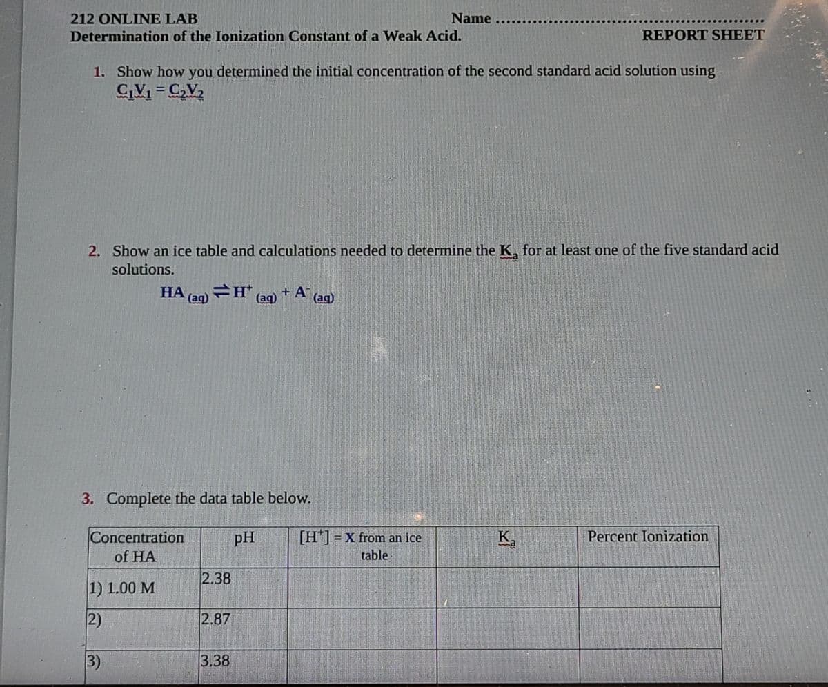 212 ONLINE LAB
Name
Determination of the Ionization Constant of a Weak Acid.
REPORT SHEET
1. Show how you determined the initial concentration of the second standard acid solution using
C,V1 = C,V2
!!
2. Show an ice table and calculations needed to determine the K, for at least one of the five standard acid
solutions.
HA (ag) H* (ag) + A
(ag)
3. Complete the data table below.
Concentration
of HA
K
Percent Ionization
[H] =X from an ice
table
pH
2.38
1) 1.00 M
2)
2.87
3)
3,38
