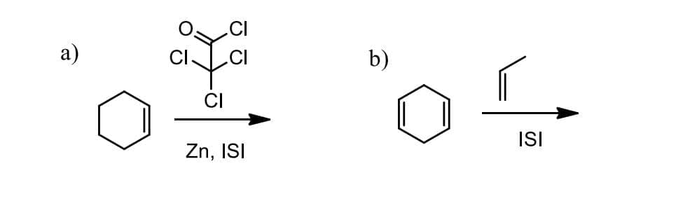 **Reactions of Benzene in Organic Chemistry**

In this educational segment, we are focusing on two reactions involving benzene. Benzene is a cyclic hydrocarbon with the molecular formula \( C_6H_6 \) and is known for its stable ring structure with alternating double bonds.

### Reaction a)

**Reactants:**
1. Benzene (\( C_6H_6 \))
2. Hexachloroacetone (\( \text{CCl}_3\text{COCl} \)) 
3. Zinc (Zn), used in the presence of a solvent which will be referred to as ISI (not specified).

**Reaction:**
Benzene reacts with hexachloroacetone in the presence of zinc and an unspecified solvent (ISI).

**Diagram Description:**
- Benzene is represented by a hexagonal ring with alternating double bonds.
- Hexachloroacetone is represented with three chlorine atoms attached to a carbon that is double-bonded to an oxygen atom and bonded to a carbon-chlorine group.

### Reaction b)

**Reactants:**
1. Benzene (\( C_6H_6 \))
2. Acrolein or Propenal (\( \text{CH}_2=\text{CHCHO} \))
3. An unspecified solvent (ISI).

**Reaction:**
Benzene reacts with acrolein (or propenal) in the presence of an unspecified solvent (ISI).

**Diagram Description:**
- Benzene is shown again with its common hexagonal representation.
- Acrolein is depicted with a three-carbon chain, where the first two carbons have a double bond (CH2=CH) and the last carbon is doubly bonded to oxygen (CHO).

These reactions illustrate advanced organic transformation processes involving benzene and other reagents, potentially used in synthesizing more complex aromatic compounds. Further details regarding the mechanisms, product structures, and specific solvent (ISI) used would depend on the specific experimental conditions and targets in the reaction setups.