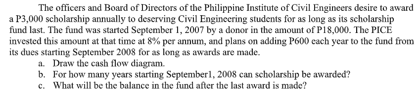 The officers and Board of Directors of the Philippine Institute of Civil Engineers desire to award
a P3,000 scholarship annually to deserving Civil Engineering students for as long as its scholarship
fund last. The fund was started September 1, 2007 by a donor in the amount of P18,000. The PICE
invested this amount at that time at 8% per annum, and plans on adding P600 each year to the fund from
its dues starting September 2008 for as long as awards are made.
a. Draw the cash flow diagram.
b. For how many years starting September1, 2008 can scholarship be awarded?
c. What will be the balance in the fund after the last award is made?
