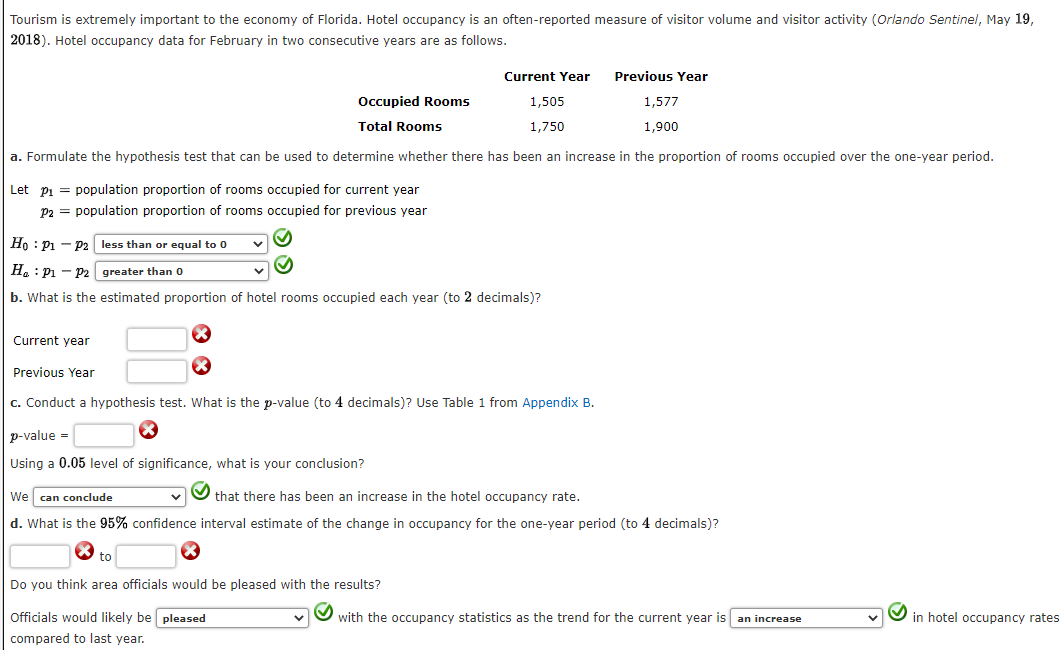 ### Tourism and Hotel Occupancy in Florida: Analyzing Yearly Data

Tourism is extremely important to the economy of Florida. Hotel occupancy is an often-reported measure of visitor volume and visitor activity (Orlando Sentinel, May 19, 2018). Hotel occupancy data for February in two consecutive years are as follows:

|                | **Current Year** | **Previous Year** |
|----------------|------------------|-------------------|
| **Occupied Rooms** | 1,505            | 1,577             |
| **Total Rooms**     | 1,750            | 1,900             |

#### Formulating Hypothesis Test
a. Formulate the hypothesis test that can be used to determine whether there has been an increase in the proportion of rooms occupied over the one-year period.

Let \( p_1 \) = population proportion of rooms occupied for the current year  
Let \( p_2 \) = population proportion of rooms occupied for the previous year

The hypotheses are:

\( H_0 \): \( p_1 - p_2 \) \( \leq 0 \)  
\( H_a \): \( p_1 - p_2 \) \( > 0 \)

See the graphical checkmarks for correct hypothesis symbols and explanations.

#### Proportion of Hotel Rooms Occupied Each Year
b. What is the estimated proportion of hotel rooms occupied each year (to 2 decimals)?

- **Current year:**
- **Previous Year:**

#### Conducting the Hypothesis Test
c. Conduct a hypothesis test. What is the *p*-value (to 4 decimals)? Use Table 1 from [Appendix B](#).

- **p-value:** 

Using a 0.05 level of significance, make a conclusion:

We can conclude that there has been an increase in the hotel occupancy rate.

#### Confidence Interval for Change in Occupancy
d. What is the 95% confidence interval estimate of the change in occupancy for the one-year period (to 4 decimals)?

- from 
- to 

Finally, considering the results:

Do you think area officials would be pleased with the results?

- Officials would likely be pleased with the occupancy statistics as the trend for the current year is an increase in hotel occupancy rates compared to last year.

This analysis and these educational steps guide you through understanding the variation in hotel occupancy which hints at underlying tourism trends.