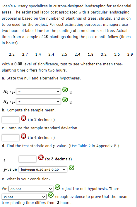 # Educational Exercise on Hypothesis Testing for Mean Tree Planting Times

Joan's Nursery specializes in custom-designed landscaping for residential areas. The estimated labor cost associated with a particular landscaping proposal is based on the number of plantings of trees, shrubs, and so on to be used for the project. For cost estimating purposes, managers use two hours of labor time for the planting of a medium-sized tree. Actual times from a sample of 10 plantings during the past month follow (times in hours):

2.2 | 2.7 | 1.4 | 2.4 | 1.8 | 3.2 | 1.6 | 2.9 | 1.7 | 2.3

With a 0.05 level of significance, test to see whether the mean tree-planting time differs from two hours.

## a. State the null and alternative hypotheses.

Null Hypothesis (\(H_0\)): \( \mu = 2 \)

Alternative Hypothesis (\(H_a\)): \( \mu \neq 2 \) 

(Note: \(\mu\) represents the population mean.)

## b. Compute the sample mean.

User input is required (to 2 decimals).

## c. Compute the sample standard deviation.

User input is required (to 4 decimals).

## d. Find the test statistic and p-value.
(Use Table 2 in Appendix B.)

User input is required for test statistic \(t\) (to 3 decimals). The p-value is given to be between 0.10 and 0.20.

## e. What is your conclusion?

We do not reject the null hypothesis. There is not enough evidence to prove that the mean tree-planting time differs from 2 hours.

### Detailed Explanation for Graphs or Diagrams

In this exercise, there are placeholders marked with red crosses indicating the areas where the user needs to input calculated values. Specifically, these inputs are for:

1. The Sample Mean (to 2 decimal places).
2. The Sample Standard Deviation (to 4 decimal places).
3. The Test Statistic \(t\) (to 3 decimal places).

Additionally, user responses are guided by dropdown selectors for:

1. The null and alternative hypotheses selection.
2. The conclusion based on the p-value comparison with the significance level.

This step-by-step structure aids students in understanding hypothesis testing and the process involved in determining whether to