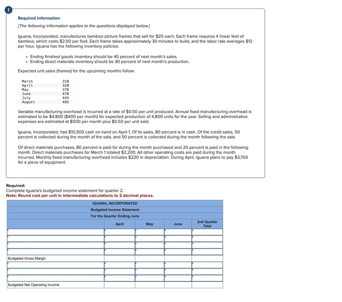 Required information
[The following information applies to the questions displayed below.]
Iguana, Incorporated, manufactures bamboo picture frames that sell for $25 each. Each frame requires 4 linear feet of
bamboo, which costs $2.00 per foot. Each frame takes approximately 30 minutes to build, and the labor rate averages $13
per hour. Iguana has the following inventory policies:
• Ending finished goods inventory should be 40 percent of next month's sales.
• Ending direct materials inventory should be 30 percent of next month's production.
Expected unit sales (frames) for the upcoming months follow:
March
April
May
June
July
August
310
320
370
470
445
495
Variable manufacturing overhead is incurred at a rate of $0.50 per unit produced. Annual fixed manufacturing overhead is
estimated to be $4,800 ($400 per month) for expected production of 4,800 units for the year. Selling and administrative
expenses are estimated at $500 per month plus $0.50 per unit sold.
Iguana, Incorporated, had $10,500 cash on hand on April 1. Of its sales, 80 percent is in cash. Of the credit sales, 50
percent is collected during the month of the sale, and 50 percent is collected during the month following the sale.
Of direct materials purchases, 80 percent is paid for during the month purchased and 20 percent is paid in the following
month. Direct materials purchases for March 1 totaled $2,200. All other operating costs are paid during the month
incurred. Monthly fixed manufacturing overhead includes $220 in depreciation. During April, Iguana plans to pay $3,700
for a piece of equipment.
Required:
Complete Iguana's budgeted income statement for quarter 2.
Note: Round cost per unit in intermediate calculations to 2 decimal places.
IGUANA, INCORPORATED
Budgeted Income Statement
For the Quarter Ending June
April
Budgeted Gross Margin
Budgeted Net Operating Income
2nd Quarter
May
June
Total