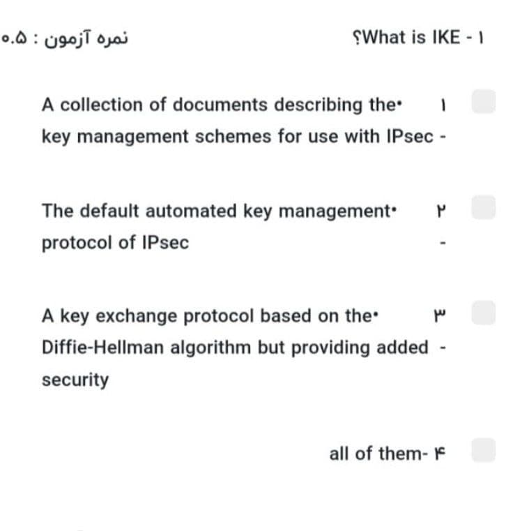 نمره آزمون : ۵.ه
SWhat is IKE - 1
A collection of documents describing the
key management schemes for use with IPsec -
The default automated key management
protocol of IPsec
A key exchange protocol based on the
Diffie-Hellman algorithm but providing added -
security
all of them- F
