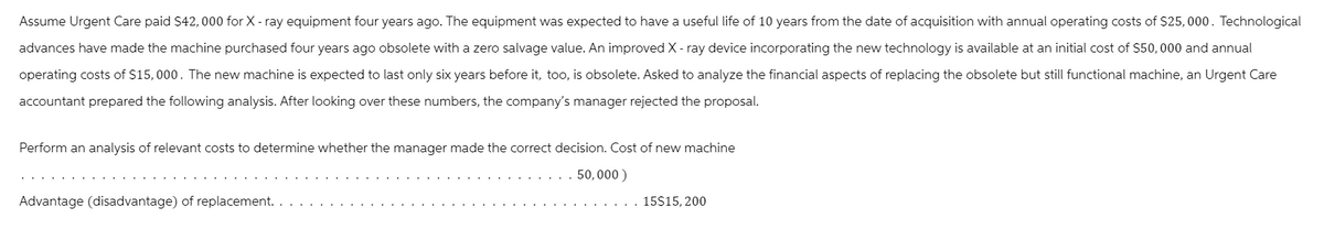 Assume Urgent Care paid $42,000 for X-ray equipment four years ago. The equipment was expected to have a useful life of 10 years from the date of acquisition with annual operating costs of $25,000. Technological
advances have made the machine purchased four years ago obsolete with a zero salvage value. An improved X-ray device incorporating the new technology is available at an initial cost of $50,000 and annual
operating costs of $15,000. The new machine is expected to last only six years before it, too, is obsolete. Asked to analyze the financial aspects of replacing the obsolete but still functional machine, an Urgent Care
accountant prepared the following analysis. After looking over these numbers, the company's manager rejected the proposal.
Perform an analysis of relevant costs to determine whether the manager made the correct decision. Cost of new machine
Advantage (disadvantage) of replacement. .
50,000)
15$15, 200