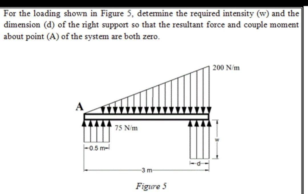 For the loading shown in Figure 5, determine the required intensity (w) and the
dimension (d) of the right support so that the resultant force and couple moment
about point (A) of the system are both zero.
| 200 N/m
A
75 N/m
w
-0.5 m-
-3 m-
Figure 5
