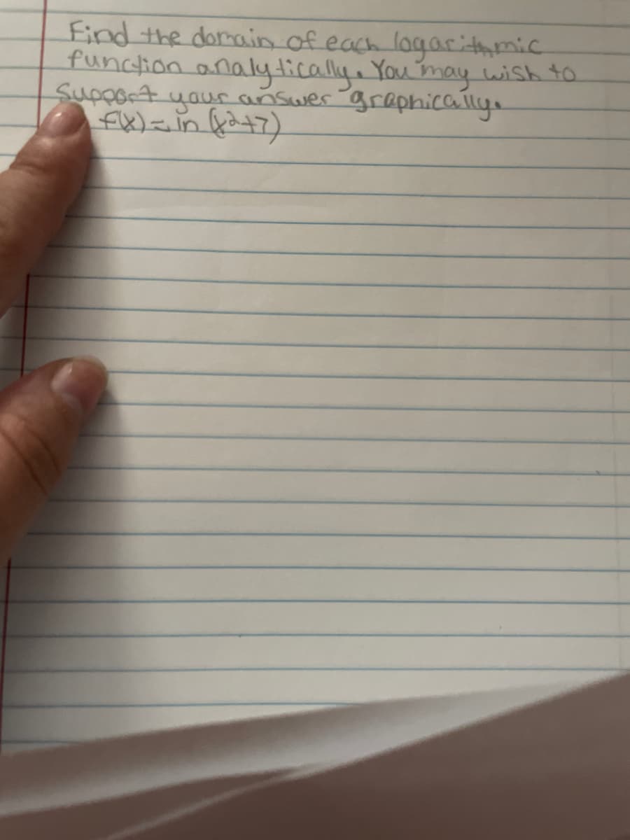 Find the domain of each lagaritamic
funcdion anakytically. You may wish to
Support your answer graphicallys

