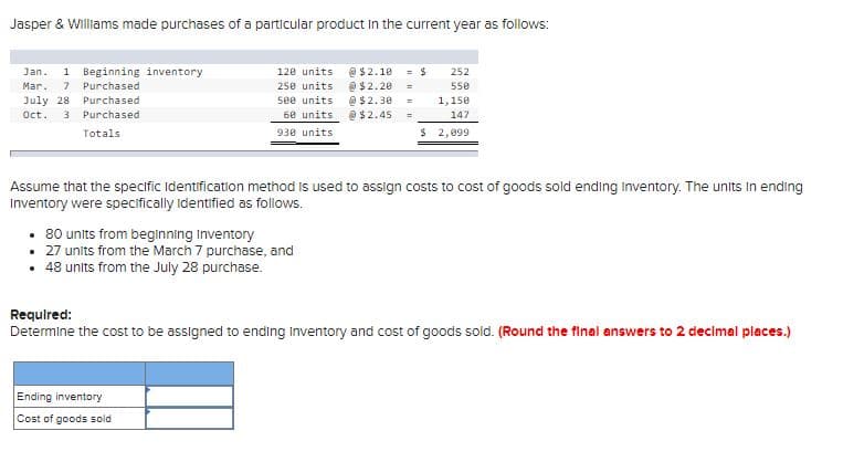 Jasper & Williams made purchases of a particular product In the current year as follows:
1 Beginning inventory
Jan.
120 units
O$2.10
@$2.20
@$2.30
@$2.45
= $
252
Mar.
7
Purchased
250 units
550
July 28
Purchased
5ee units
1,150
Ooct.
Purchased
60 units
147
Totals
930 units
$ 2,099
Assume that the specific Identification method is used to assign costs to cost of goods sold ending inventory. The units In ending
Inventory were specifically identified as follows.
• 80 units from beginning Inventory
• 27 units from the March 7 purchase, and
• 48 units from the July 28 purchase.
Requlred:
Determine the cost to be assigned to ending Inventory and cost of goods sold. (Round the final answers to 2 decimal places.)
Ending inventory
Cost of goods sold
