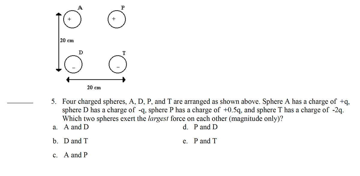 O
a.
+
20 cm
D
20 cm
+
b.
D and T
c. A and P
P
5. Four charged spheres, A, D, P, and T are arranged as shown above. Sphere A has a charge of +q,
sphere D has a charge of -q, sphere P has a charge of +0.5q, and sphere T has a charge of -2q.
Which two spheres exert the largest force on each other (magnitude only)?
A and D
d. P and D
e. P and T
T